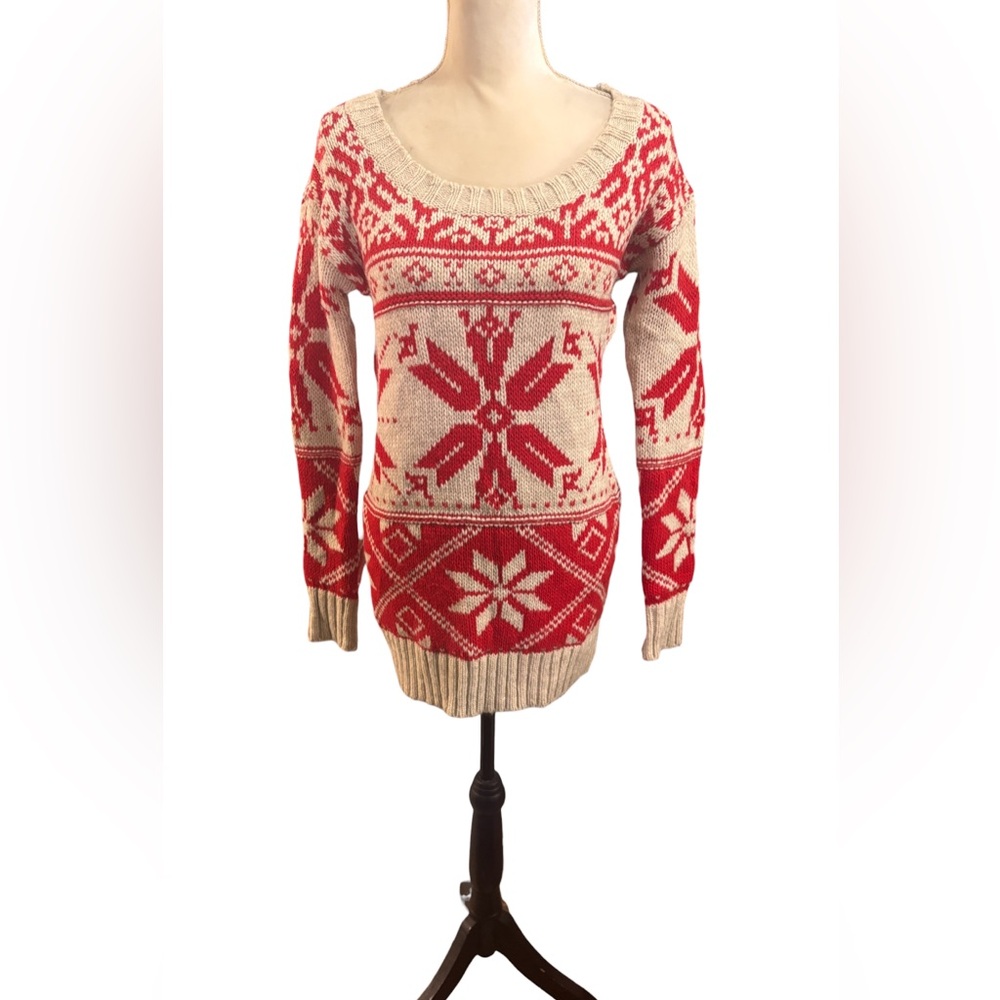 American Eagle Red Fair Isle Long Sleeve Heavy Knit Sweater Sz S